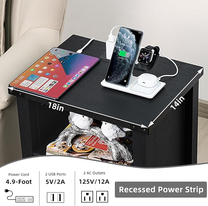 Joaxswe Night Stand, 18 Inch Farmhouse Nightstand with with Charging Station and USB Port, Rustic Couch End Table with Magnetic Door, Wood Bed Side Tables for Bedroom, Home, Black