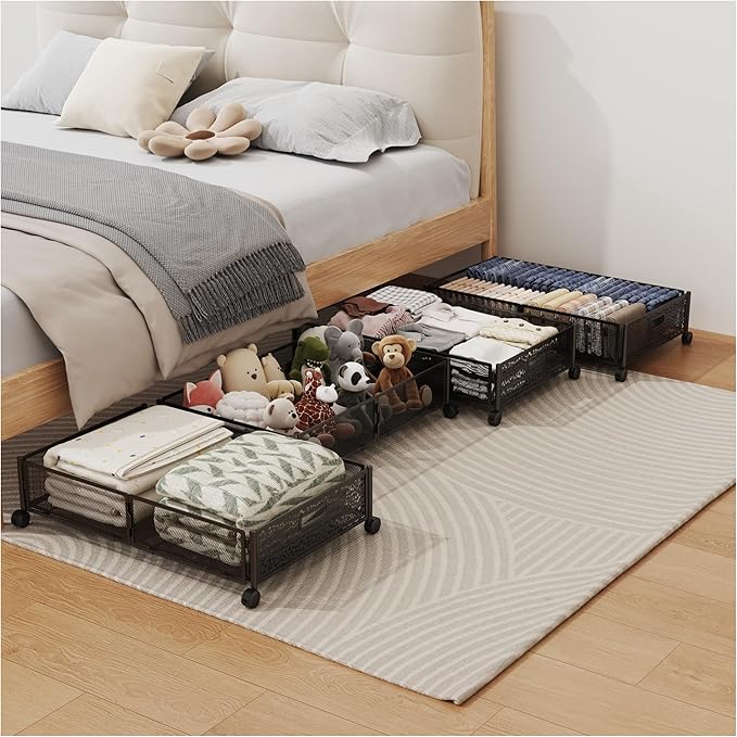 Under Bed Storage with Wheels, Foldable Pattern Carved Metal Under The Bed Storage, Tool-Free Assembly Under Bed Organizer, 60L Underbed Storage for Bedroom Clothes Blankets Shoes Toys-4 Pack