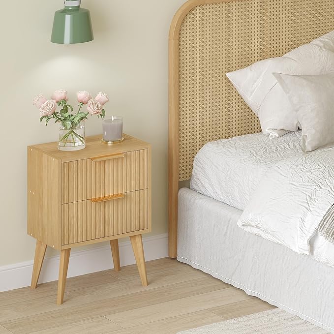 YAUKOMEL Fluted Nightstand,Small Bedside Table,Natural Wood Night Stand,Light Wood Side Table with Solid Wood Legs,End Table for Bedroom,Small Space 11.8" D x 16" W x 22.4" H Natural CTG55Y
