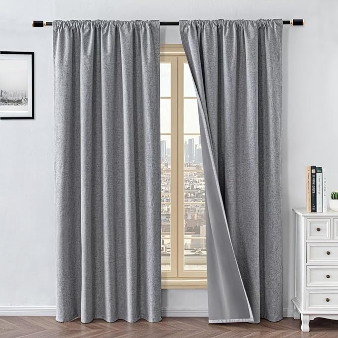 100% Blackout Curtains for Living Room, 72 Inch Curtains 2 Panel Set Light Blocking, Back Tab & Rod Pocket Thermal Insulated Drapes Bedroom Windows Home Decor(52W × 72L inch, Light Grey)