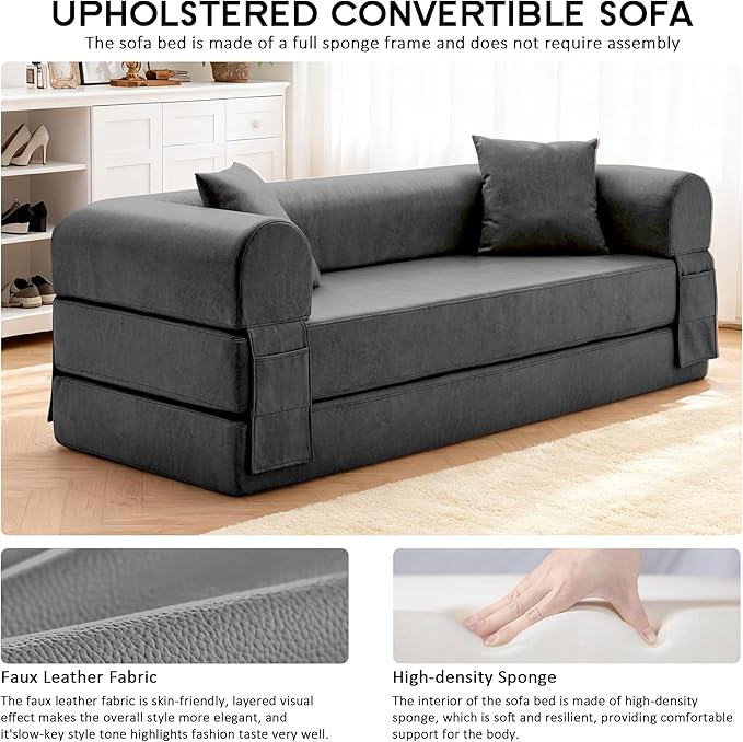 78.5" Convertible Sleeper Sofa Bed, Faux Leather Folding Floor Sofa with Pullout Bed&2 Pillows, No Assembly Modern Boneless Couch Compression Sofa in Box with Storage Pocket for Living Room, Gray