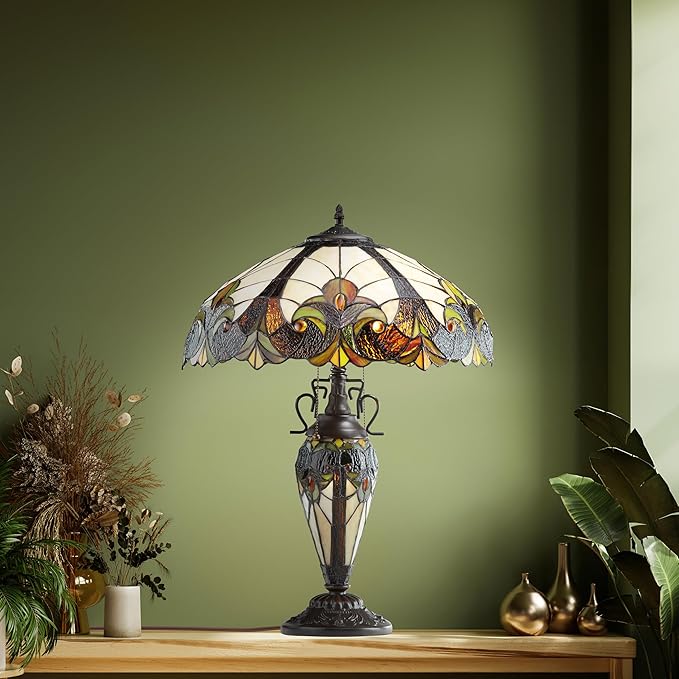 RIVER OF GOODS - Stained Glass Halston Double Lit Table Lamp - 24.5" H - Decorative Lamp for Bedroom - Bedside Lamp - Desk Lamps for Home Office - Tiffany Style - Amber