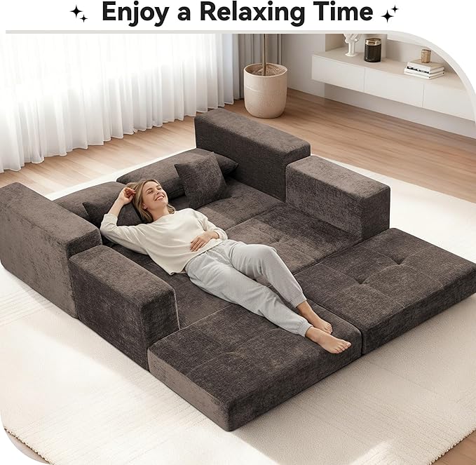 Boneless Sectional Loveseat Couch with Ottoman, Convertible Tufted Button Modular Floor Sleeper Sofa Bed, Comfy Foldable Compression Love Seat Sofa for Living Room, No Assembly, Brown