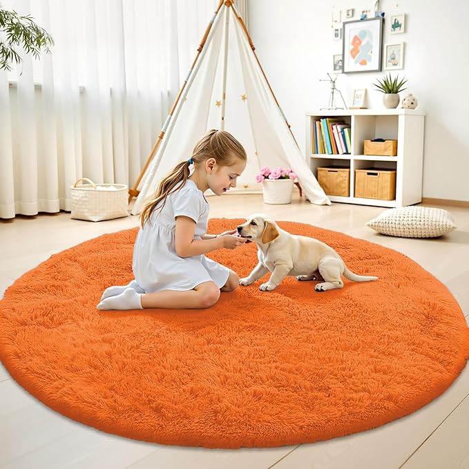 OLANLY Orange Round Rugs for Bedroom - Machine Washable, 7 ft Circle Area Rugs for Living Room, Soft and Fluffy Shaggy Carpet for Teen Girl and Boys, Nursery Rooms, Dorms, Home Decor Aesthetic