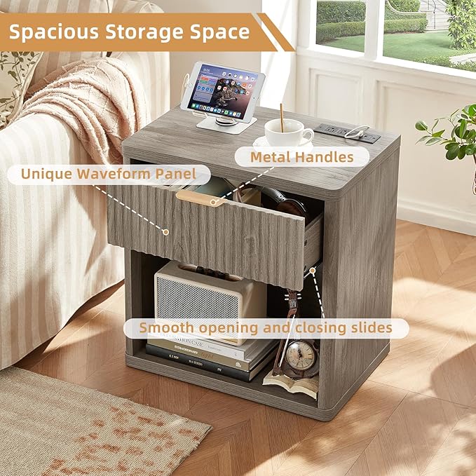 LEYAOYAO 48" Wide Fluted Dresser and 1 Drawers 23" Nightstand Set of 2, Wooden Dresser & Night Stand with Charging Station, 3 Piece Bedroom Furniture Set, Chest of Drawer for Living Room,Grey