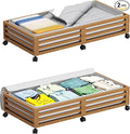 Wisuce Bamboo Under Bed Storage Containers- Underbed Organizer with Wheels with Large Dust Bag,Sturdy Wood Rolling Under the Bed Shoe Storage Organizer Drawer 2 Packs (Walnut, Long)
