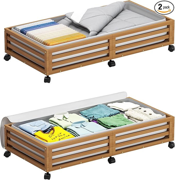 Wisuce Bamboo Under Bed Storage Containers- Underbed Organizer with Wheels with Large Dust Bag,Sturdy Wood Rolling Under the Bed Shoe Storage Organizer Drawer 2 Packs (Walnut, Long)