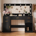 44.8" Large Vanity Desk with Lighted Mirror & Power Outlet, Black Makeup Vanity Desk with Mirror and Lights, Black Vanity Table with 5 Drawers and 2 Cabinets, Dressing Table for Bedroom