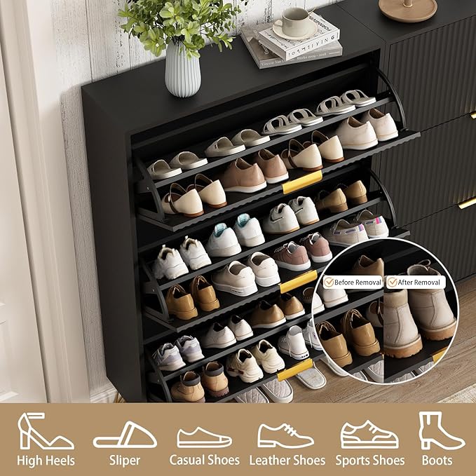 Shoe Cabinet with 3 Flip Drawers Narrow, Fluted Black Shoe Cabinet Storage for Entryway Slim, Hidden Shoe Storage Cabinet, Modern Freestanding Shoe Rack Organizer for Entryway, Black