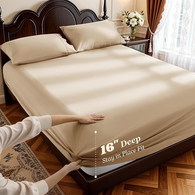 LBRO2M 1000 Thread Count 100% Egyptian Cotton Sheets Set Queen Size, 4 Piece Sets Bed Sheet Deep Pocket Sheet Set 16" Soft Comfortable All Season (Queen, Cream)