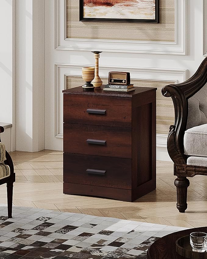WLIVE Night Stand, Wood Nightstand with 3 Drawers, Bed Side Table for Bedroom, Living Room, Dorm, Modern Minimalist Bedside Table, Espresso