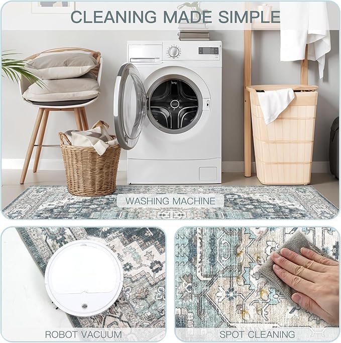 Washable Runner Hallway Rug,Low Pile 2x10 Non Slip Non-Shedding Kitchen Carpet Soft Indoor Stain Resistant Rug for Bedroom Laundry Room Bathroom Blue Beige Multi