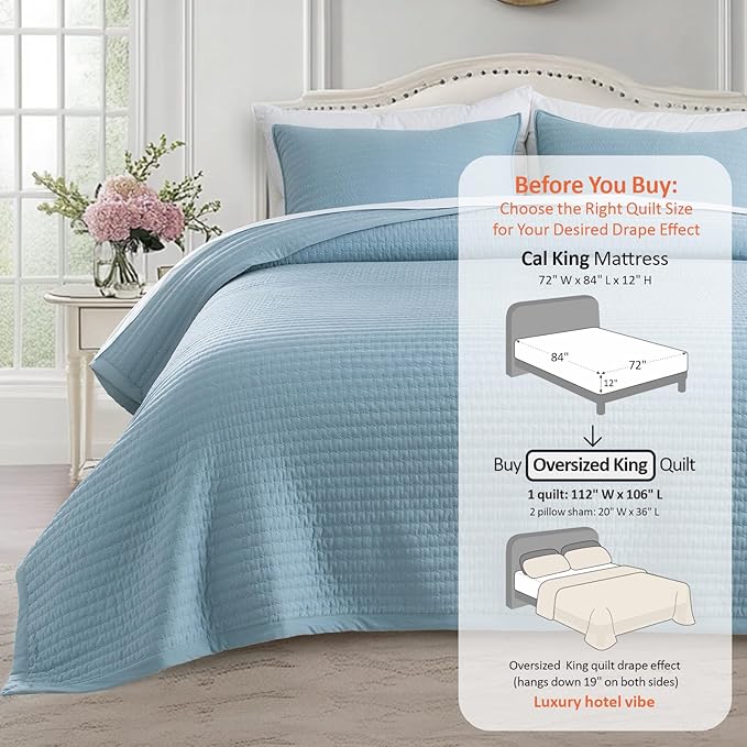 Oversized King Quilt Set 112"x106" – Soft Washed 3-Layer Lightweight California King Bedspread, Minimalist Nordic Design, All-Season Spring & Summer Quilt Set (1 Quilt + 2 Pillow Shams), Blue