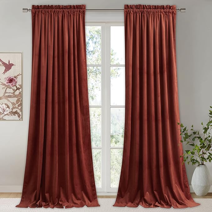 StangH Rust Curtains 90 inches - Luxury Velvet Holiday Home Decor Brick Red Light Blocking Backdrop Curtains Thick Window Covering for Bedroom, W52 x L90, 2 Panels