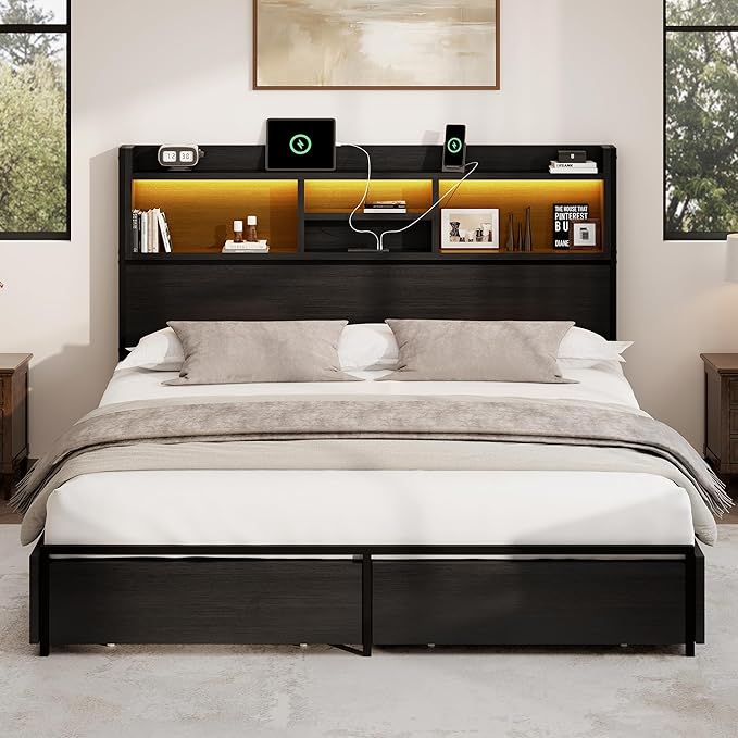 Queen Storage Bed Frame with 6 Drawers, USB Charging Station, No Noise, No Box Spring Required, Vintage Black Headboard Platform Bed
