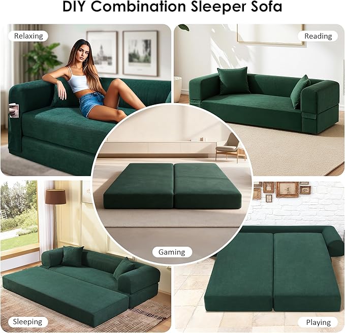80" Convertible Sofa Bed, Corduroy Deep Seat Folding Pull Out Couch with Pillows, No Assembly Modern Boneless Couch Compression Sofa in Box, Floor Sofa with Storage Pocket for Living Room,Dark Green