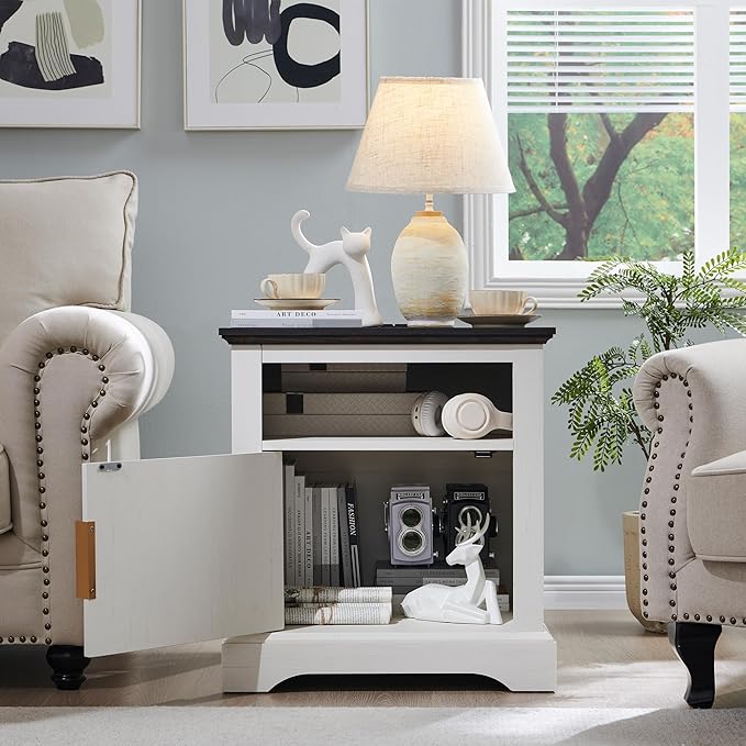 22" Large Fluted Nightstand with Charging Station, Modern End Table, Wood Side Table w/Open Shelf & Spacious Tabletop, Bedside Table with Storage Space for Bedroom, Living Room-White