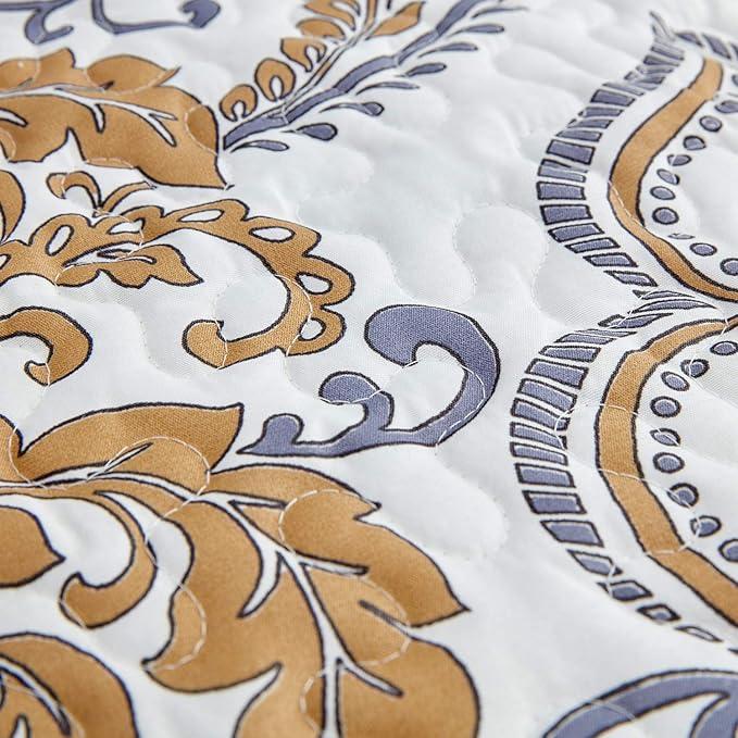 CHIXIN Full Size Bedspread Quilt - Luxury Collection - European Damask Paisley Pattern - Classic & Gorgeous Bedding Cover, Lightweight, Ultra Soft, 5 Piece, 100% Microfiber, White/Khaki/Grey