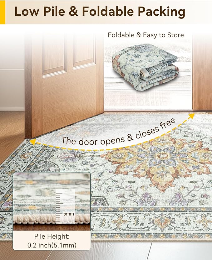 Area Rugs 8ft Washable Non-Slip, Floral Vintage Distress Print Pattern Medallion Carpet for Living Room Bedroom Dining Room, Light Yellow Carbon Grey Orange