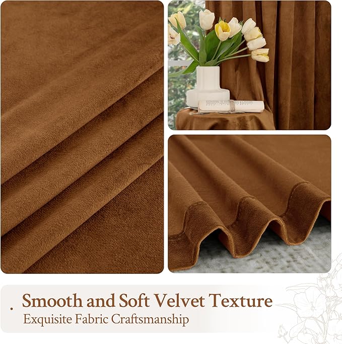 LAMIT Bronze Brown Velvet Curtains for Living Room 102 Inches Long, Mid Century Thermal Blackout Curtains Room Darkening Back Tab and Rod Pocket Panels for French Country, 2 Panels, 52 x 102 Inch