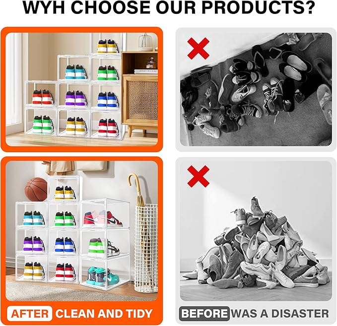 1 Pack Acrylic Drop Front Shoe Boxes Fit Size 13, Clear Stackable Shoe Organizer with Front Side Magnetic Door for Closet, Entryway, Underbed, Multiple Display Cases for Hats, Figures, Sneakers