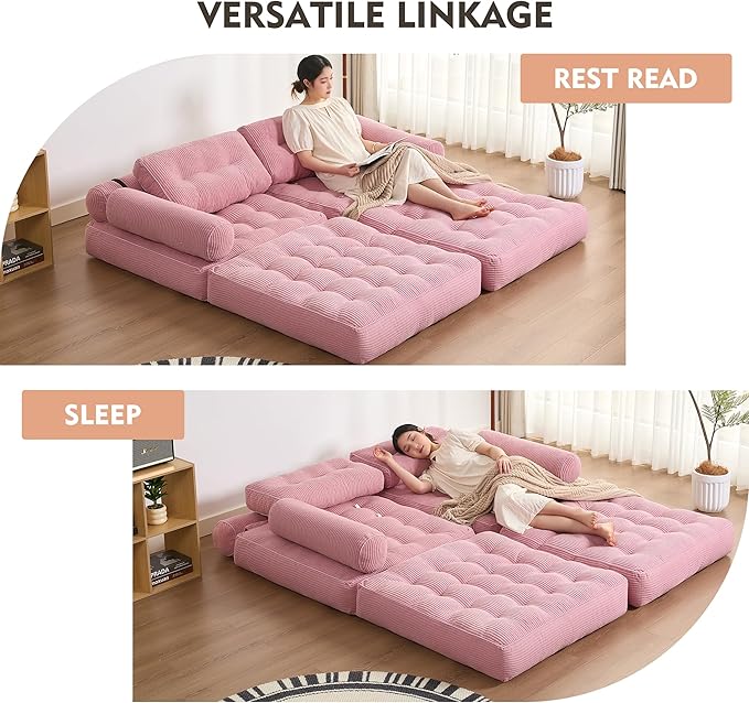 Plus Futon Sofa Bed for Small Spaces, Floor Couch with Armrest, Folding Sofa Couch, Convertible Sleeper Chair Bed with Pillow, Portable Comfy Floor Lounge for Living Room and Bedroom, Pink