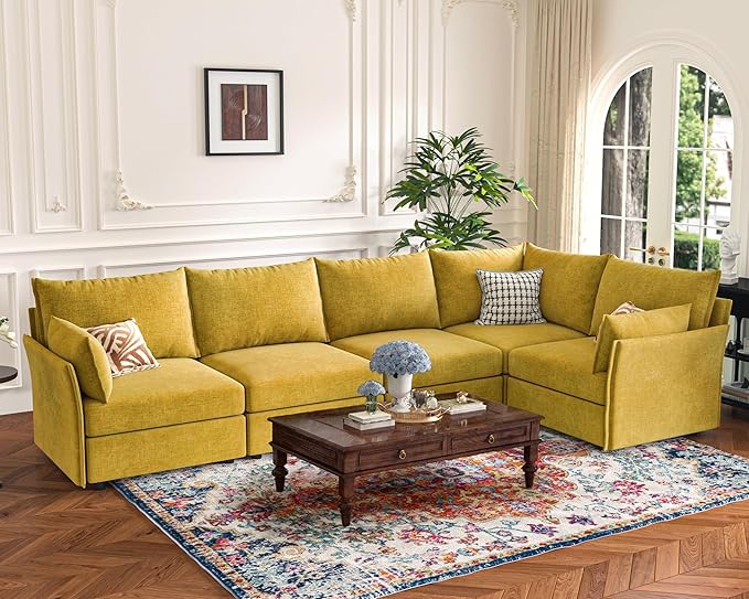 ABCASA 135.5" Oversized Modular Sectional Sofa, L Shaped Convertible Couch with Movable Ottoman, 5 Seat Corner Couches for Living Room Deep Seat Yellow Chenille