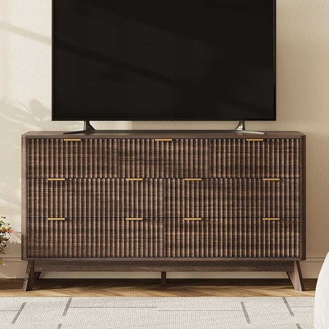 54'' Wide 7 Drawers Dresser for Bedroom,Modern Fluted Vertical Chest with Rounded Corners,Fluted Dresser for Living Room,Hallway, Walnut