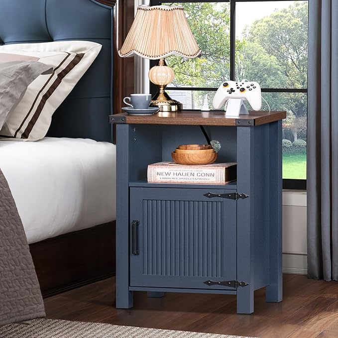 Joaxswe Night Stand with Charging Station and USB Port, 18 Inch Farmhouse Nightstand with Storage Shelf, Rustic Couch End Table with Magnetic Door, Wood Bed Side Tables for Bedroom, Home, Nayv Blue