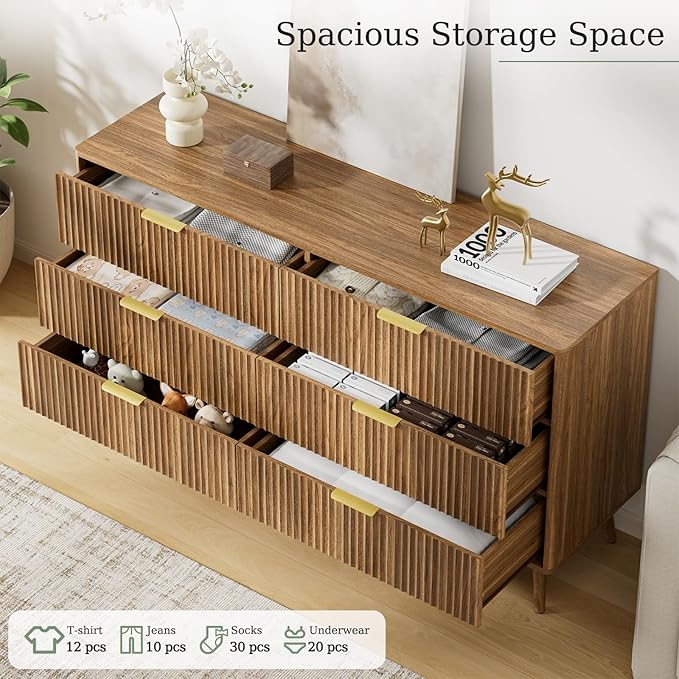 LYNSOM 55" Wide Fluted Dresser for Bedroom with 6 Drawer, Modern Chest of Drawers with Curved Profile Design and Metal Handles, Wood Dresser TV Stand & Storage Organizer for Living Room, Walnut