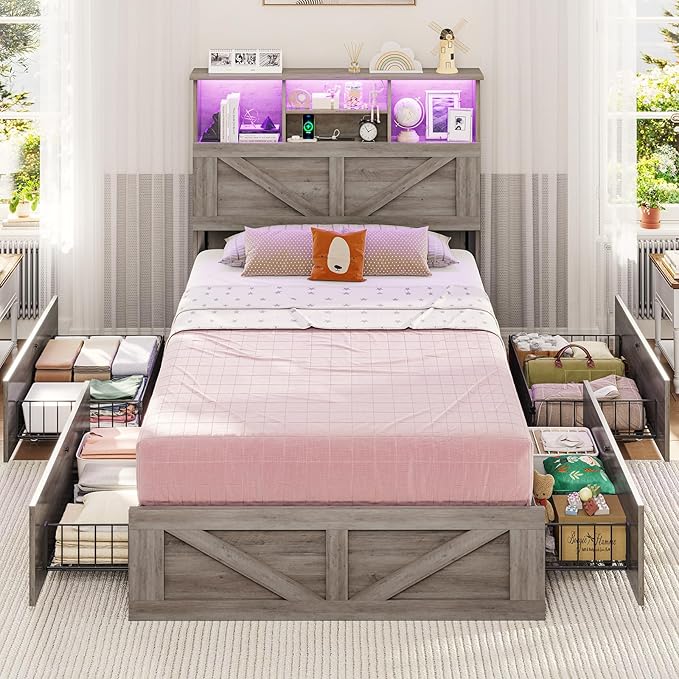 VIAGDO Farmhouse Bed Frame Twin Size with Bookcase Storage Headboard, Charging Station and LED Lights, Wooden Twin Bed Frames with 4 Drawers, Barn Door Design, No Box Spring Needed, No Noise, Grey