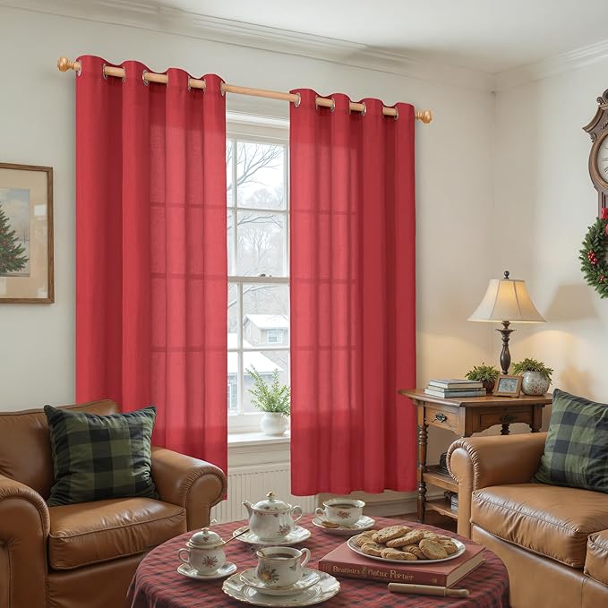 YoungsTex Red Linen Semi Sheer Curtains 72 Inch Length for Living Room, Light Filtering Window Drapes with Grommet Privacy Christmas Decor for Dining Bedroom, 2 Panels, 52 X 72 Inch