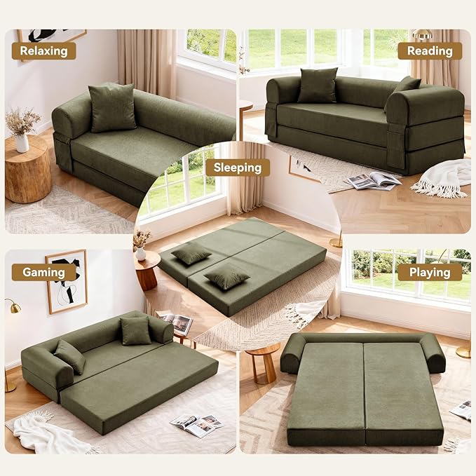 Convertible Folding Sofa Bed,78.5 Inch Faux Leather Futon Couch with Pillows & Storage Pocket,5-in-1 Queen Sleeper Sofa in a Box with Pull Out Bed,Boneless Couch for Living Room Bedroom,Green
