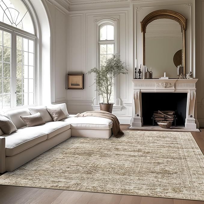 5x7 Area Rugs Brown Low Pile Indoor Washable Trendy Faded Style Rugs for Bedroom Living Room Dining Room Foldable Non-Slip Thin Print Mat
