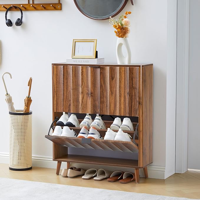 31.5” Fluted Shoe Cabinet Storage with 2 Flip Drawers,Narrow Freestanding Shoe Storage Organizer,Slim Shoe Rack Cabinet for Entryway,Hallway (Walnut)