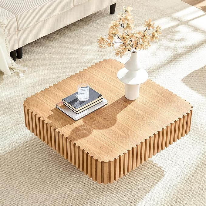LKTART Square Coffee Table for Living Room, Accent Fluted Coffee Table with Storage, Modern Solid Wood Veneered Large Center Tea Table for Small Space Apartment (35.4''D×16''H-Natural)