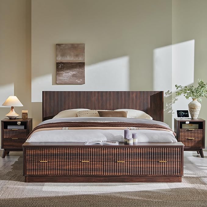 T4TREAM Fluted King Size Bed Frame with Wingback Headboard, Footboard Storage Bench with Built-in Drawers & Lift-Up Compartments, Wood & Steel Platform Bed, No Box Spring Needed, Dark Walnut