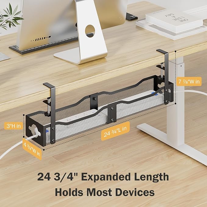 DELAMU 25'' Upgraded Cord Management, No Dill Under Desk Cable Tray with F-Clamp, Metal Cable Management Tray to Under Desk Organizer for Home Office, 1 Pack, Black
