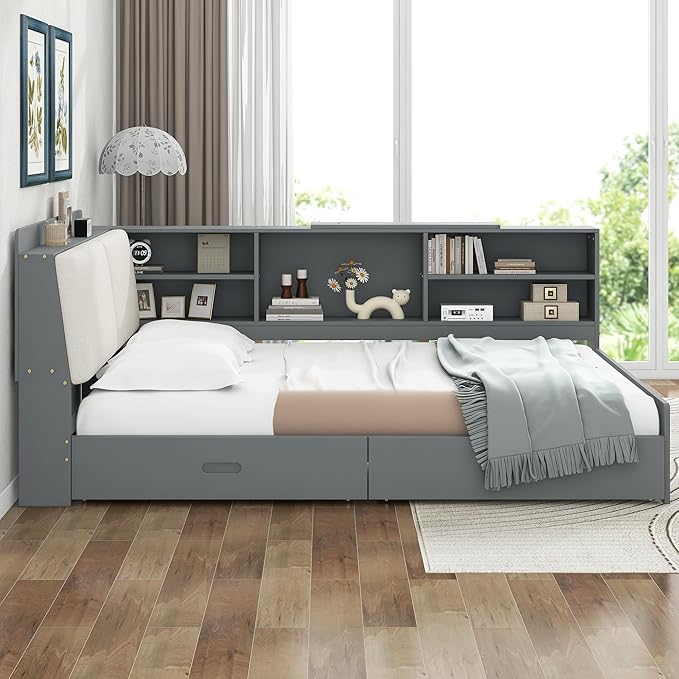 Ball & Cast Full Size Wooden Storage Daybed Frame, Modern Platform Bed with Drawers & Flip Headboard & Shelves, L Shaped Full Floor-Bed w/Upholstered Headboard&Storage, No Box Spring Needed, Gray