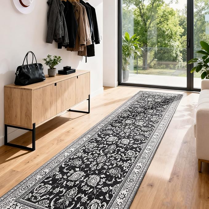 2x6 Runner Rugs for Hallways: Washable Kitchen Rugs Ultra Soft Vintage Carpet Low Pile Floral Runner with Rubber Backing Non Slip for Bedroom Bathroom Laundry Living Room Dining Black White