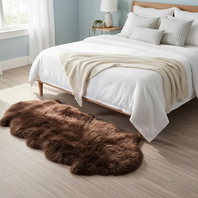 Natural & Genuine Dark Brown Sheepskin Rug, Real Fluffy Double Pelt 2x6 ft Fur Area Rug for Bedroom & Living Room Decor, Soft & Cozy Sheep Skin Throw