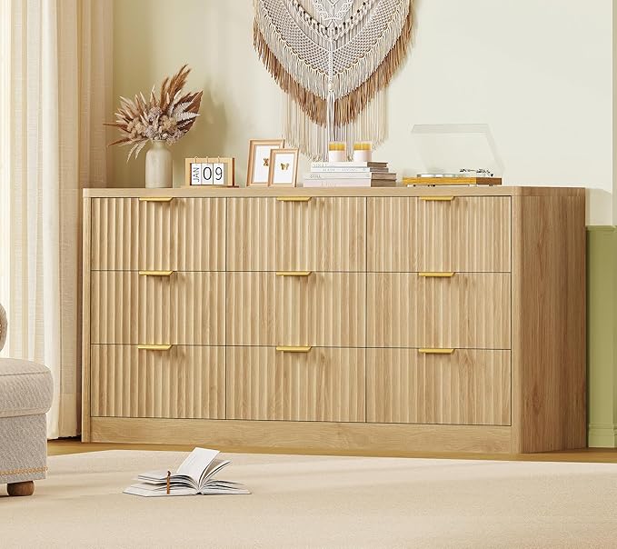 TEENFON Fluted Dresser for Bedroom with 9 Drawers, 63" Wide Modern Chest of Drawers with Metal Handle & Curved Profile Design, Wood Closet Clothes Storage Organizer for Living Room, Hallway, Natural