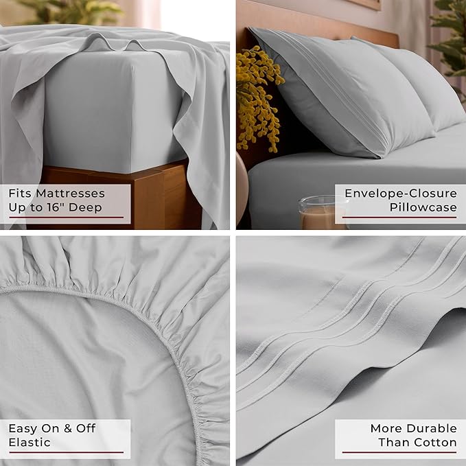 Mellanni Twin Sheet Set - 4-Piece Iconic Collection Bedding, (Including 2 Pillowcases), 16-Inch Deep Pocket, Easy Care, Extra Soft, Cooling Sheets, Brushed Microfiber - Light Gray