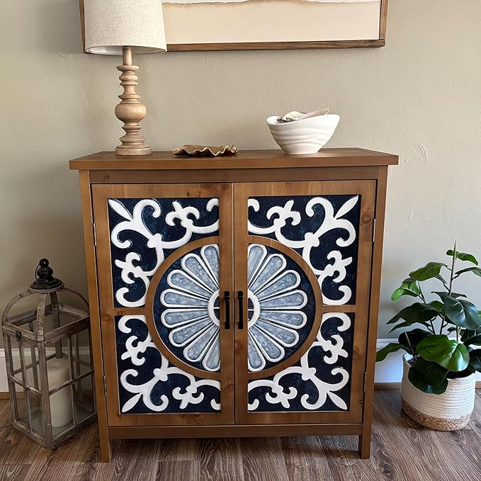 PHI VILLA Blue Accent Cabinet with Doors, Small Buffet Sideboard for Living Room Entryway Cabinet