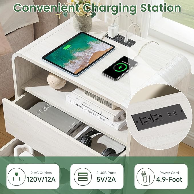 Farmhouse White Nightstand with Charging Station, 25" Tall Wood Bedside Table, Modern Night Stand with 2 Storage Drawers, Curved Profile, End Table for Bedroom, Dorm, Sofa, Office