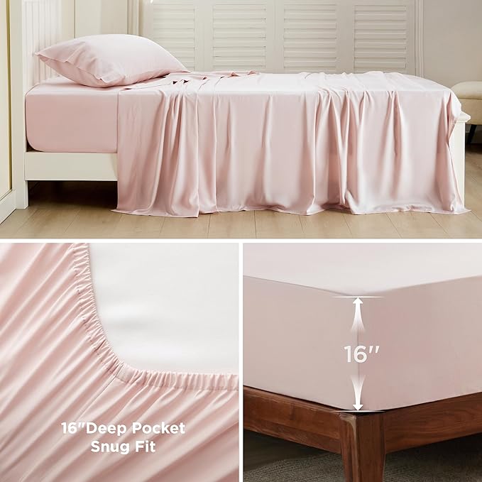 Bedsure Cooling Sheets Twin, Rayon Derived from Bamboo, Breathable & Soft Twin Sheets Set, Deep Pocket Up to 16 Inches, Hotel Luxury Silky Bedding for Hot Sleepers, Pink