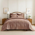 RECYCO Luxury Velvet Quilt Queen Size Bedding Set, Ultra Soft Velvet Comforter Set, Lightweight Quilted Channel Box Stitch Oversized Bedspread Coverlet for All Season, with 2 Shams, Terracotta Clay