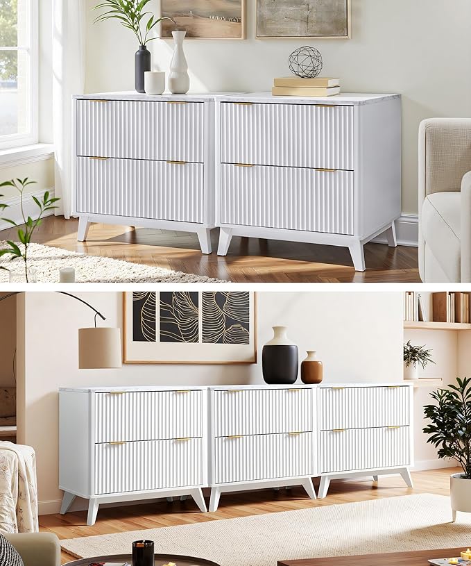 T4TREAM Modern Fluted Wood Night Stand, 30" Tall Bedside Table with 2 Drawers & Large Tabletop, Side Tables Bedroom, End Table for Living Room, White