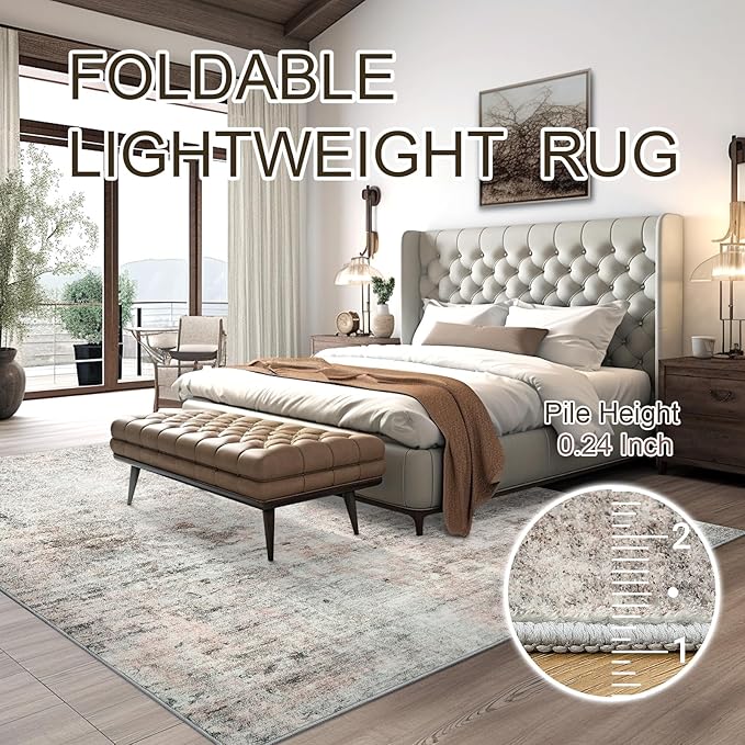 6x9 Abstract Area Rugs for Living Room 6 x 9 Washable Grey Pink Non Slip Low Pile Rugs for Bedroom Dining Room Foldable Thin