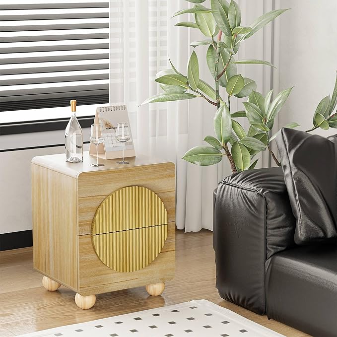 23" Nightstand with Solid Wood Legs, Modern Style Bedside Table with Round Moon Handle & Storage, Mid Century Cute Night Stand for Bedroom, Side Table, End Table, Natural Oak